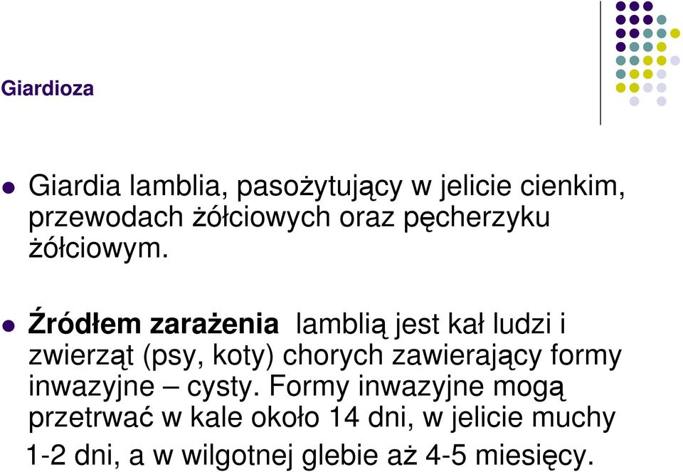 Źródłem zaraŝenia lamblią jest kał ludzi i zwierząt (psy, koty) chorych
