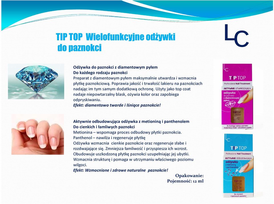 Efekt: diamentowo twarde i lśniące paznokcie! Aktywnie odbudowująca odżywka z metioniną i panthenolem Do cienkich i łamliwych paznokci Metionina wspomaga proces odbudowy płytki paznokcia.