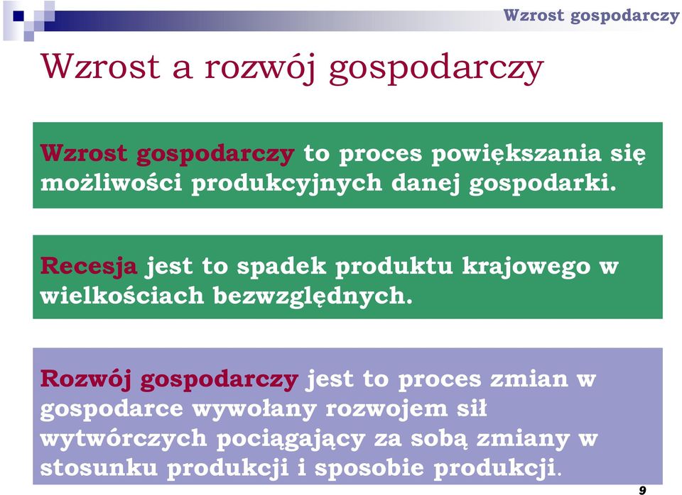 Recesja jest to spadek produktu krajowego w wielkościach bezwzględnych.