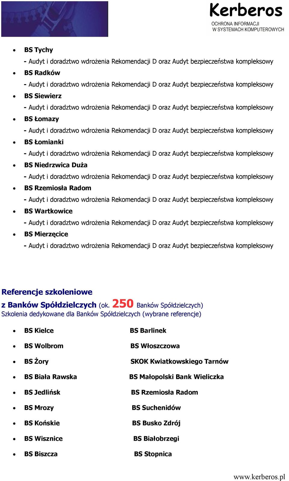 250 Banków Spółdzielczych) Szkolenia dedykowane dla Banków Spółdzielczych (wybrane referencje) BS Kielce BS Barlinek BS Wolbrom BS