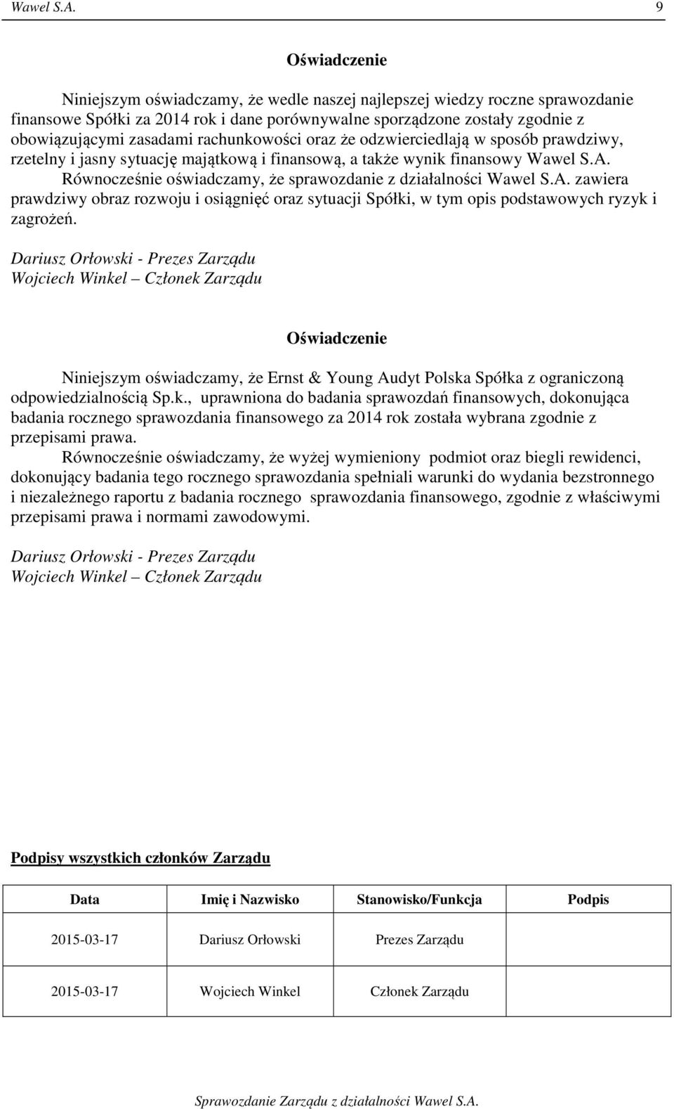 Równocześnie oświadczamy, że sprawozdanie z działalności Wawel S.A. zawiera prawdziwy obraz rozwoju i osiągnięć oraz sytuacji Spółki, w tym opis podstawowych ryzyk i zagrożeń.