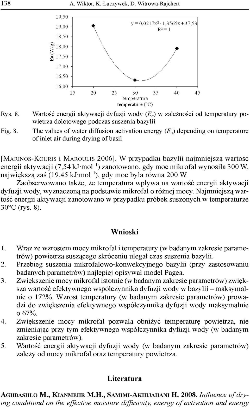 Wartość energii aktywacji dyfuzji wody (E a ) w zależności od temperatury powietrza dolotowego podczas suszenia bazylii The values of water diffusion activation energy (E a ) depending on temperature