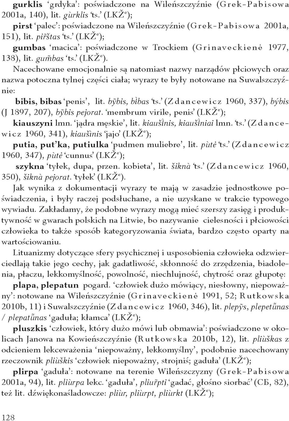 bỹbis, b bas ʻts.ʼ (Zdancewicz 1960, 337), býbis (J 1897, 207), bỹbis pejorat. ʻmembrum virile, penisʼ (LKŽ e ); kiauszyni lmn. jądra męskie, lit. kiauš nis, kiauš niai lmn. ʻts.ʼ (Zdancewicz 1960, 341), kiauši nis ʻjajoʼ (LKŽ e ); putia, put ka, putiulka pudmen muliebre, lit.