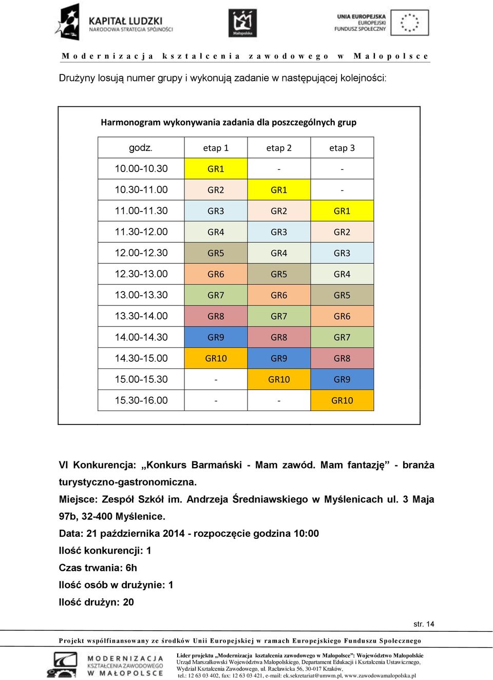 00 GR10 GR9 GR8 15.00-15.30 - GR10 GR9 15.30-16.00 - - GR10 VI Konkurencja: Konkurs Barmański - Mam zawód. Mam fantazję - branża turystyczno-gastronomiczna. Miejsce: Zespół Szkół im.