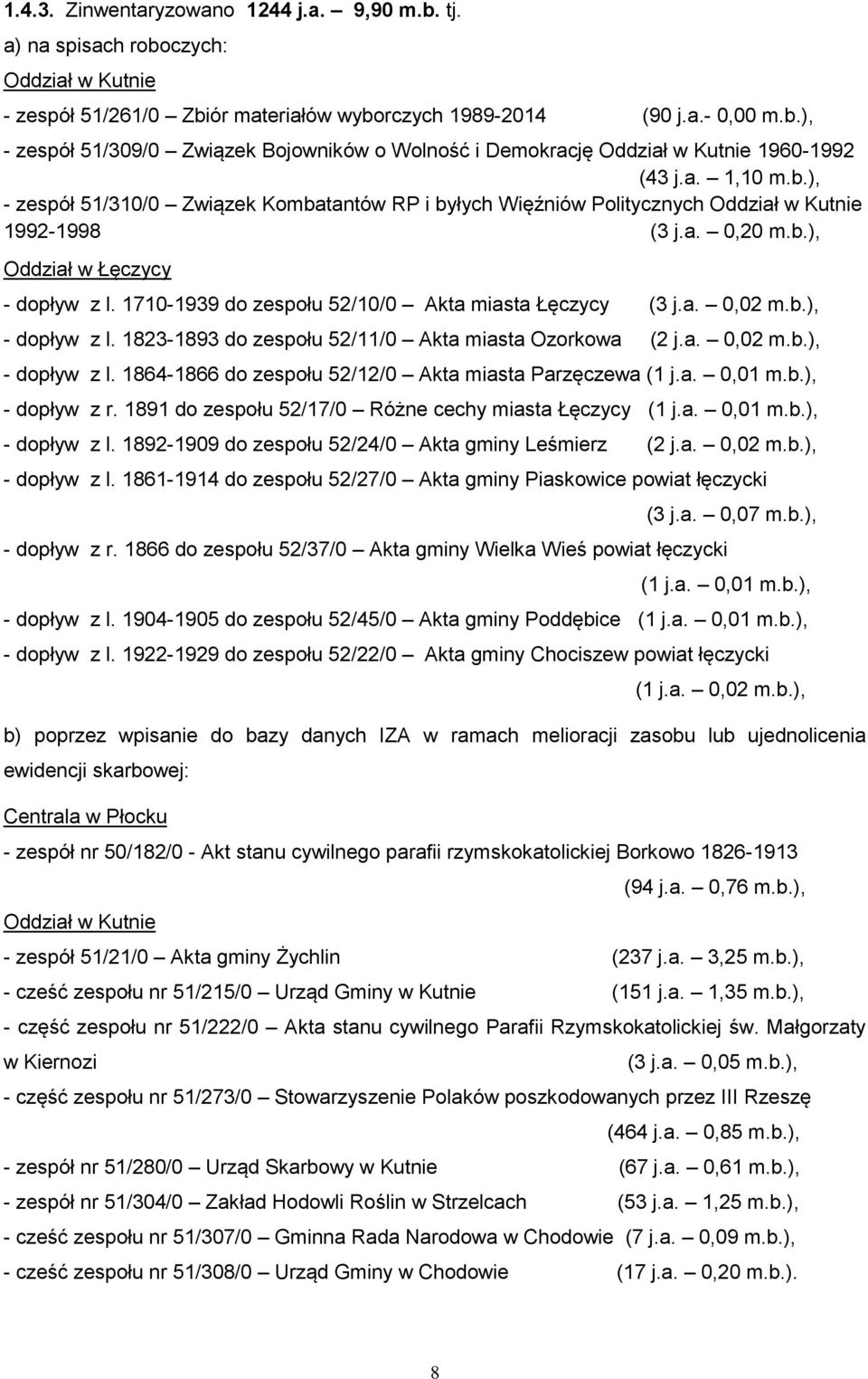 1710-1939 do zespołu 52/10/0 Akta miasta Łęczycy (3 j.a. 0,02 m.b.), - dopływ z l. 1823-1893 do zespołu 52/11/0 Akta miasta Ozorkowa (2 j.a. 0,02 m.b.), - dopływ z l. 1864-1866 do zespołu 52/12/0 Akta miasta Parzęczewa (1 j.