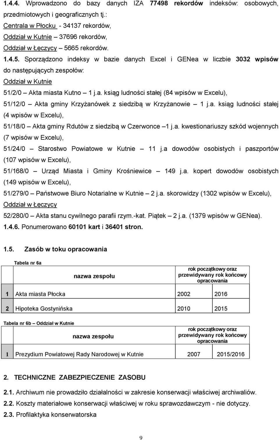 65 rekordów. 1.4.5. Sporządzono indeksy w bazie danych Excel i GENea w liczbie 3032 wpisów do następujących zespołów: Oddział w Kutnie 51/2/0 Akta miasta Kutno 1 j.a. ksiąg ludności stałej (84 wpisów w Excelu), 51/12/0 Akta gminy Krzyżanówek z siedzibą w Krzyżanowie 1 j.