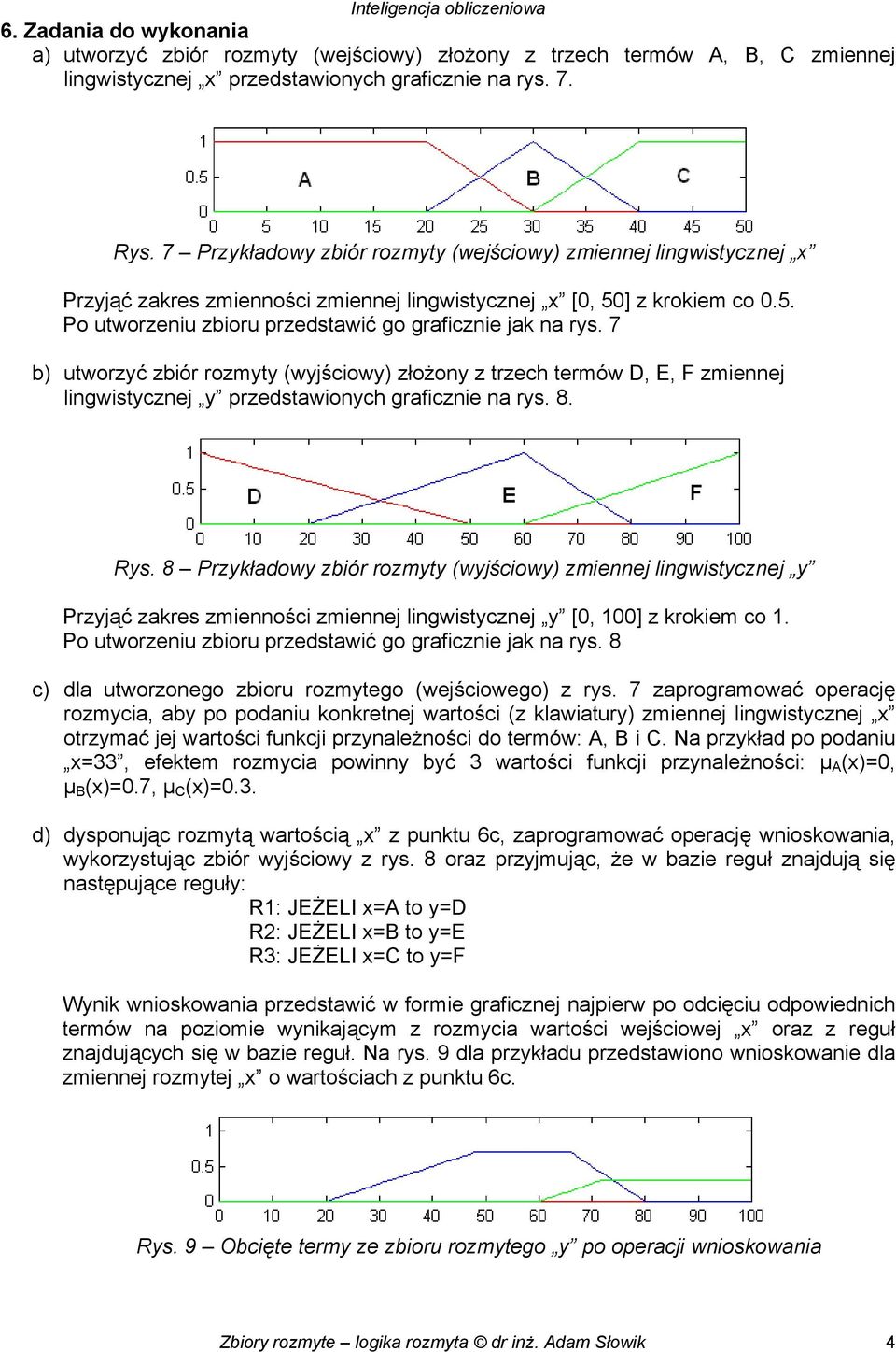 7 b) utworzyć zbiór rozmyty (wyjściowy) złożony z trzech termów D, E, F zmiennej lingwistycznej y przedstawionych graficznie na rys. 8. Rys.