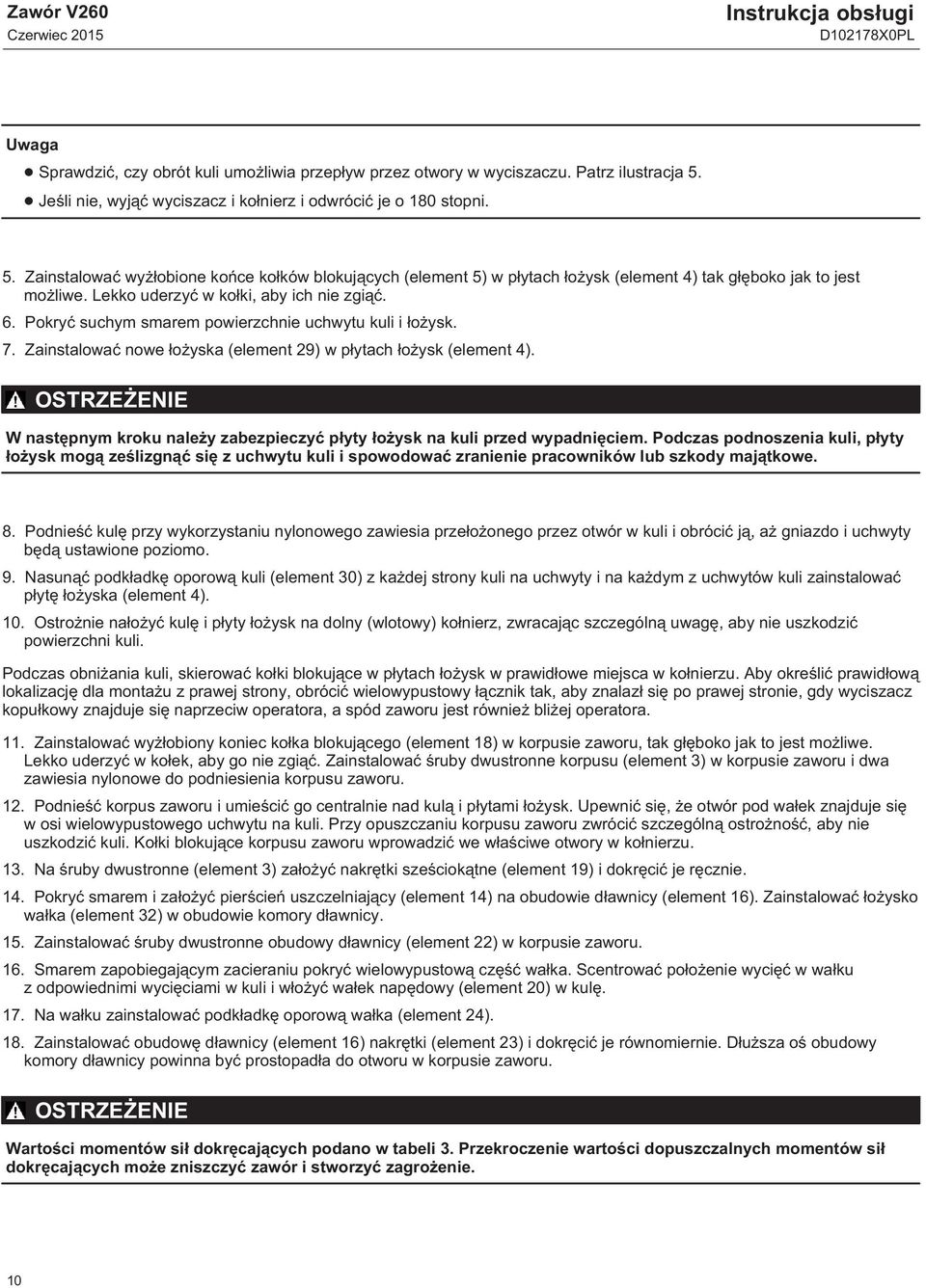Lekko uderzyć w kołki, aby ich nie zgiąć. 6. Pokryć suchym smarem powierzchnie uchwytu kuli i łożysk. 7. Zainstalować nowe łożyska (element 29) w płytach łożysk (element 4).