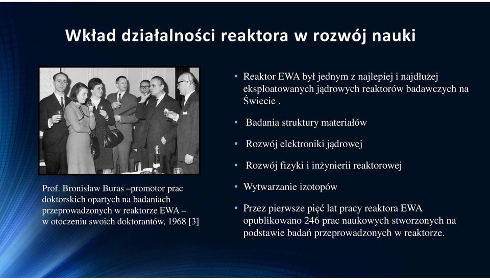 Bronisław Buras promotor prac doktorskich opartych na badaniach przeprowadzonych w reaktorze EWA w otoczeniu swoich doktorantów, 1968