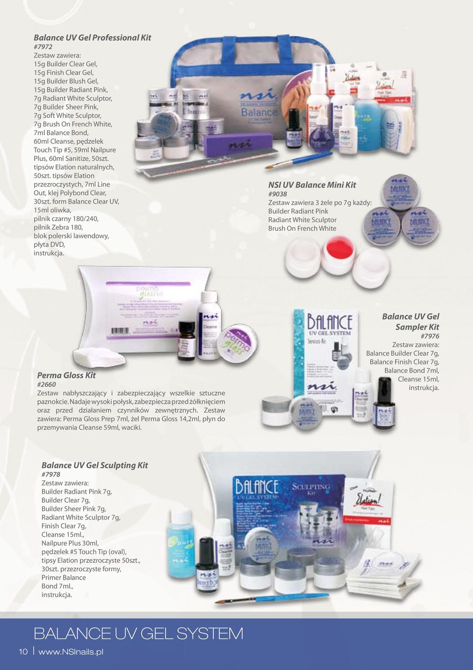 tipsów Elation przezroczystych, 7ml Line Out, klej Polybond Clear, 30szt. form Balance Clear UV, 15ml oliwka, pilnik czarny 180/240, pilnik Zebra 180, blok polerski lawendowy, płyta DVD, instrukcja.