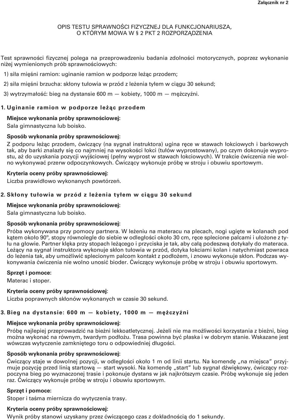 3) wytrzymałość: bieg na dystansie 600 m kobiety, 1000 m mężczyźni. 1. Uginanie ramion w podporze leżąc przodem Sala gimnastyczna lub boisko.