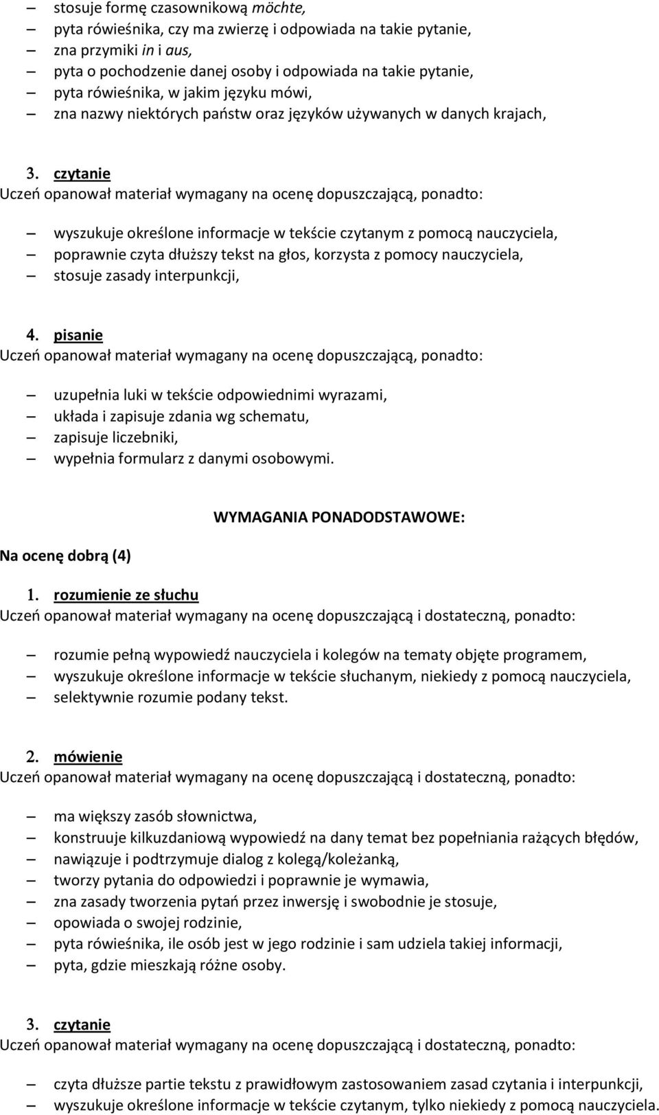 na głos, korzysta z pomocy nauczyciela, stosuje zasady interpunkcji, pisanie uzupełnia luki w tekście odpowiednimi wyrazami, układa i zapisuje zdania wg schematu, zapisuje liczebniki, wypełnia