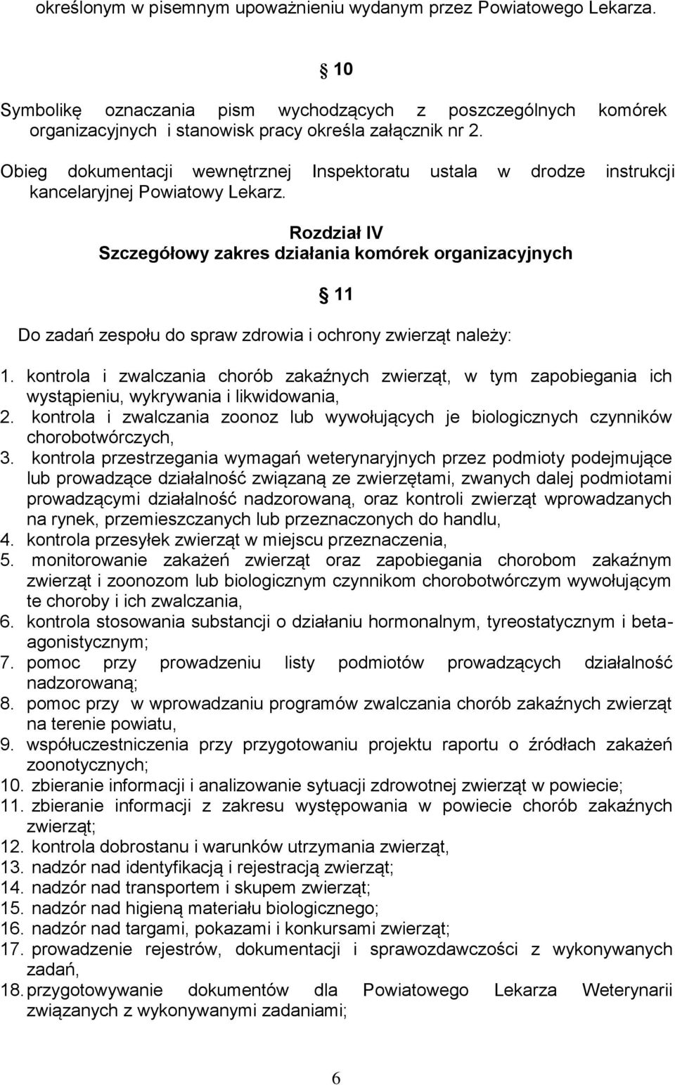 Rozdział IV Szczegółowy zakres działania komórek organizacyjnych 11 Do zadań zespołu do spraw zdrowia i ochrony zwierząt należy: 1.
