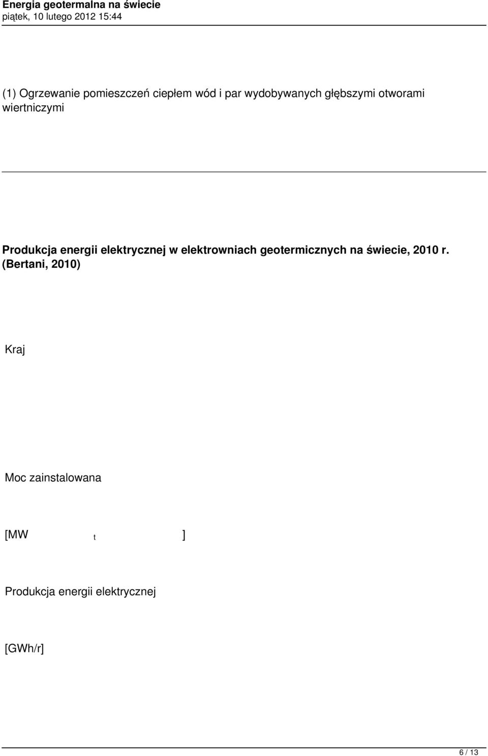 elektrowniach geotermicznych na świecie, 2010 r.