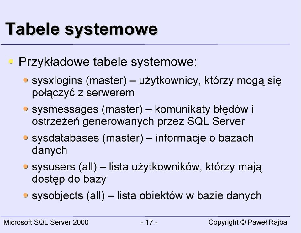 generowanych przez SQL Server sysdatabases (master) informacje o bazach danych sysusers