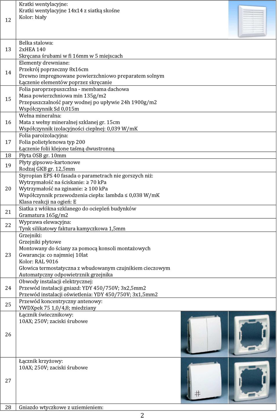 upływie 24h 1900g/m2 Współczynnik Sd 0,015m Wełna mineralna: 16 Mata z wełny mineralnej szklanej gr.