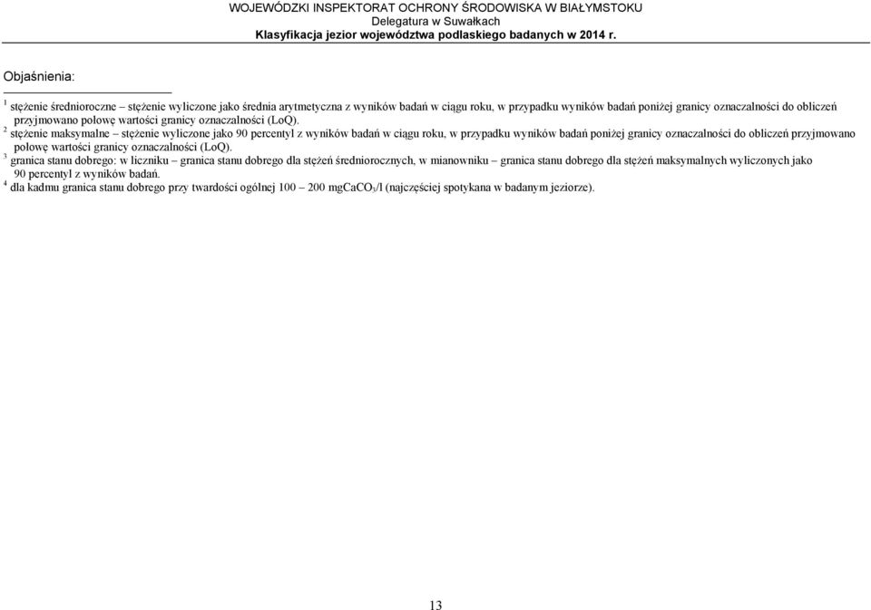 2 stężenie maksymalne stężenie wyliczone jako 90 percentyl z badań w ciągu roku, w przypadku badań poniżej granicy oznaczalności do obliczeń  3 granica : w liczniku