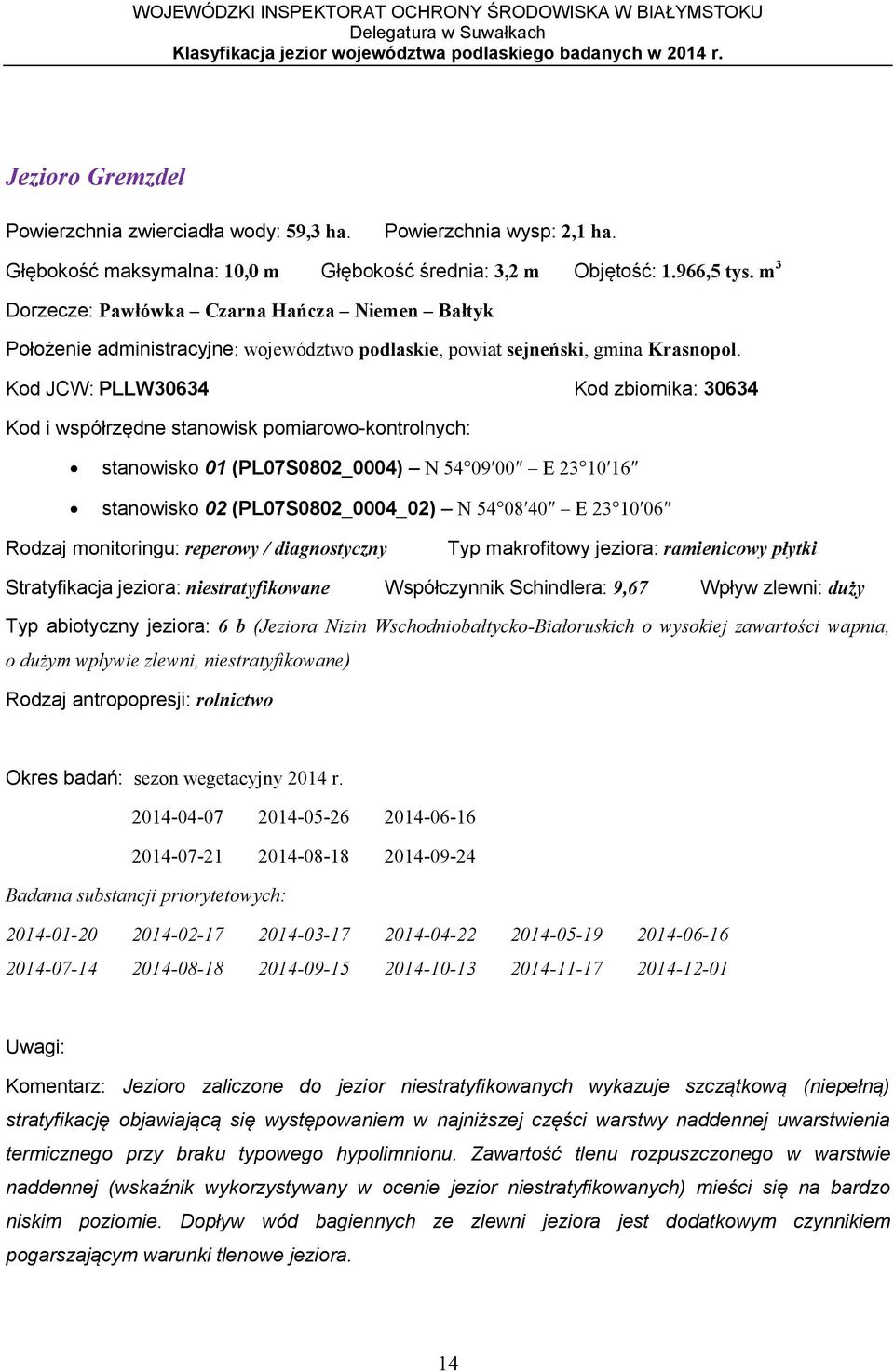 Kod JCW: PLLW30634 Kod zbiornika: 30634 Kod i współrzędne stanowisk pomiarowo-kontrolnych: stanowisko 01 (PL07S0802_0004) N 54 09 00 E 23 10 16 stanowisko 02 (PL07S0802_0004_02) N 54 08 40 E 23 10 06