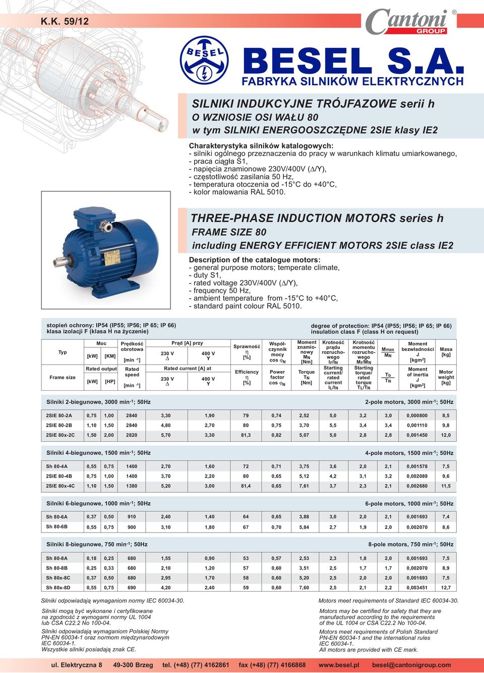 umiarkowanego, - praca ciągła 1, - napięcia znamionowe 20V/400V ( Δ/), - częstotliwość zasilania 50 Hz, - temperatura otoczenia od - C do +40 C, - kolor malowania 5010.