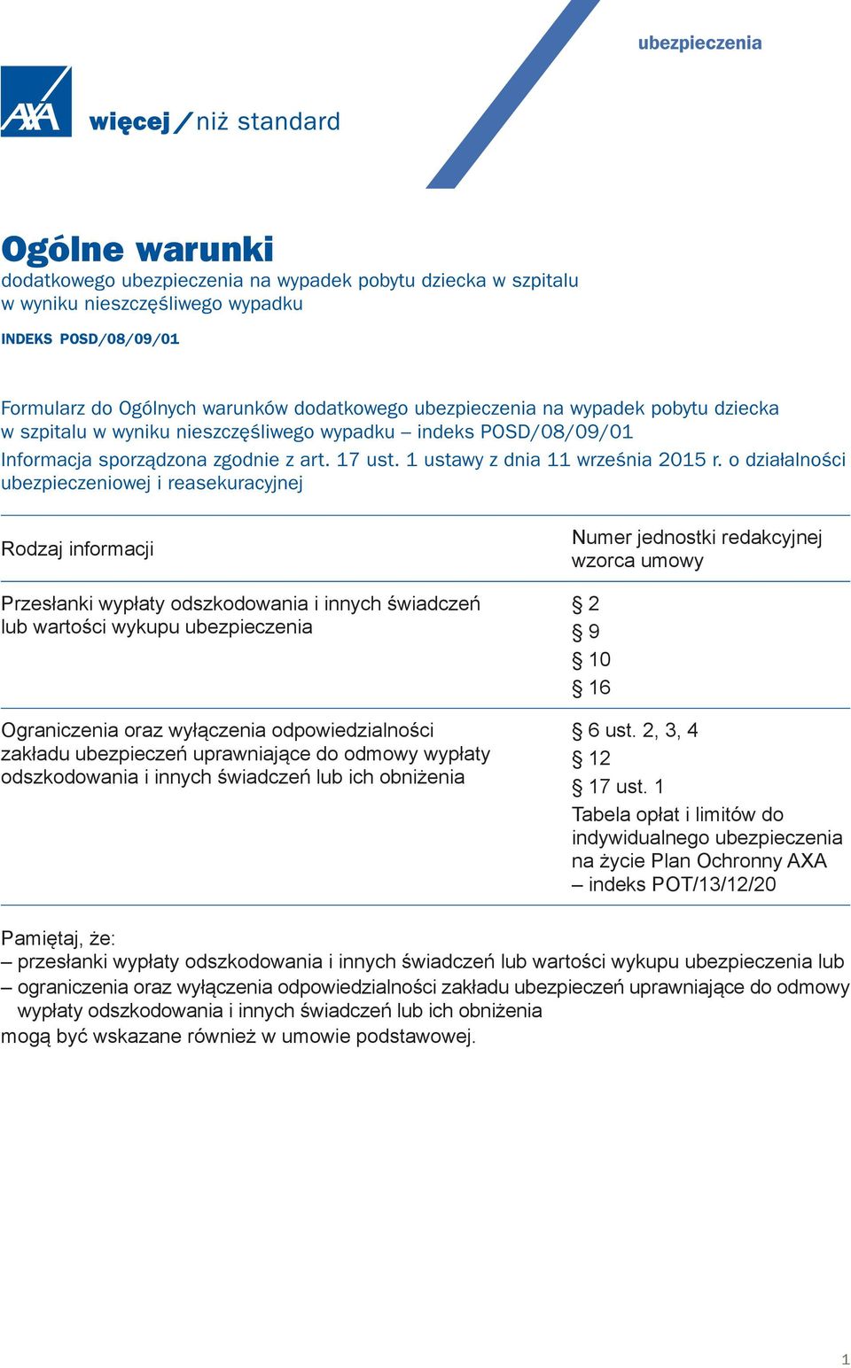o działalności ubezpieczeniowej i reasekuracyjnej Rodzaj informacji Przesłanki wypłaty odszkodowania i innych świadczeń lub wartości wykupu ubezpieczenia Ograniczenia oraz wyłączenia