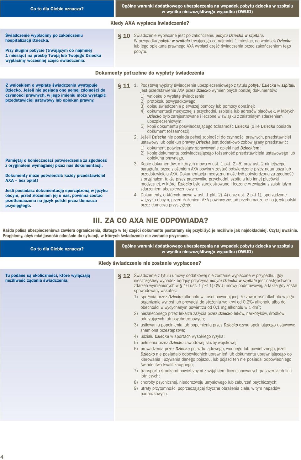 W przypadku pobytu w szpitalu trwającego co najmniej 1 miesiąc, na wniosek Dziecka lub jego opiekuna prawnego AXA wypłaci część świadczenia przed zakończeniem tego pobytu.