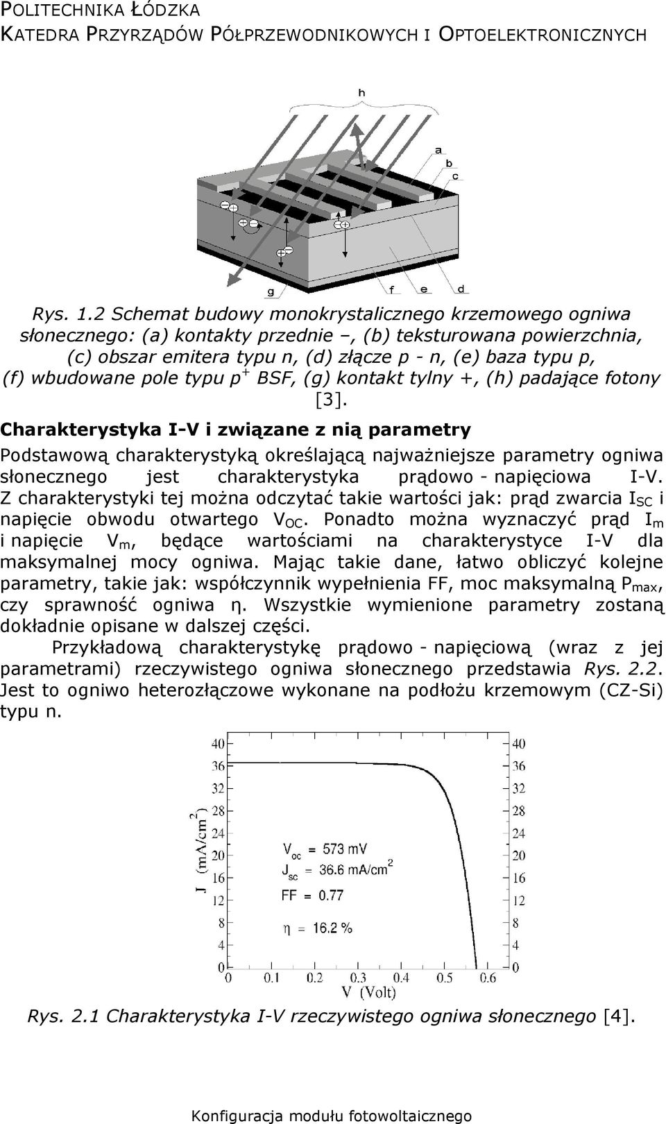 pole typu p + BSF, (g) kontakt tylny +, (h) padające fotony [3].