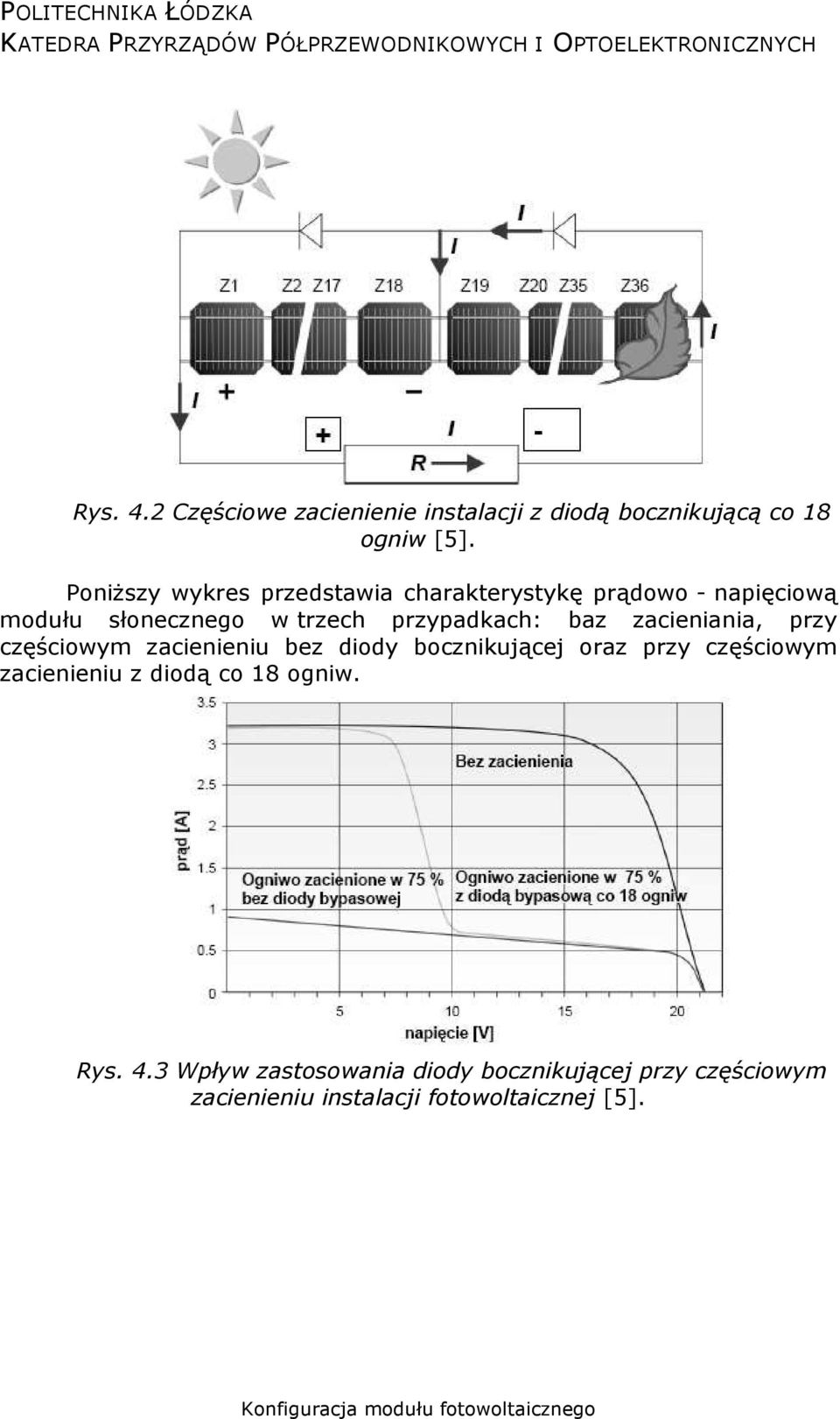 przypadkach: baz zacieniania, przy częściowym zacienieniu bez diody bocznikującej oraz przy częściowym