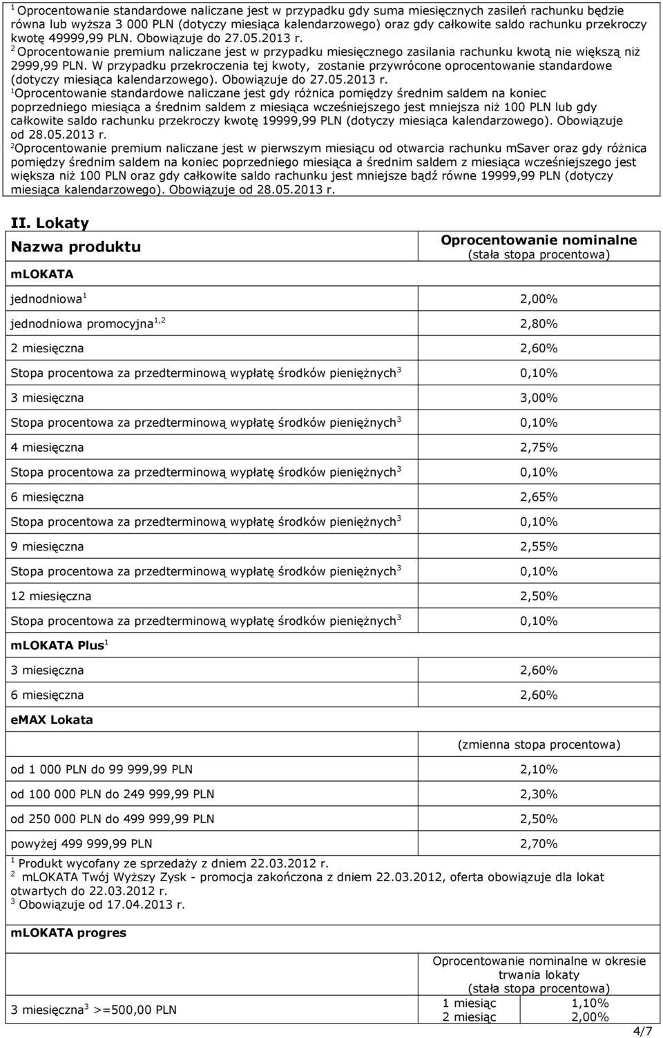 W przypadku przekroczenia tej kwoty, zostanie przywrócone oprocentowanie standardowe (dotyczy miesiąca kalendarzowego). Obowiązuje do 27.05.2013 r.