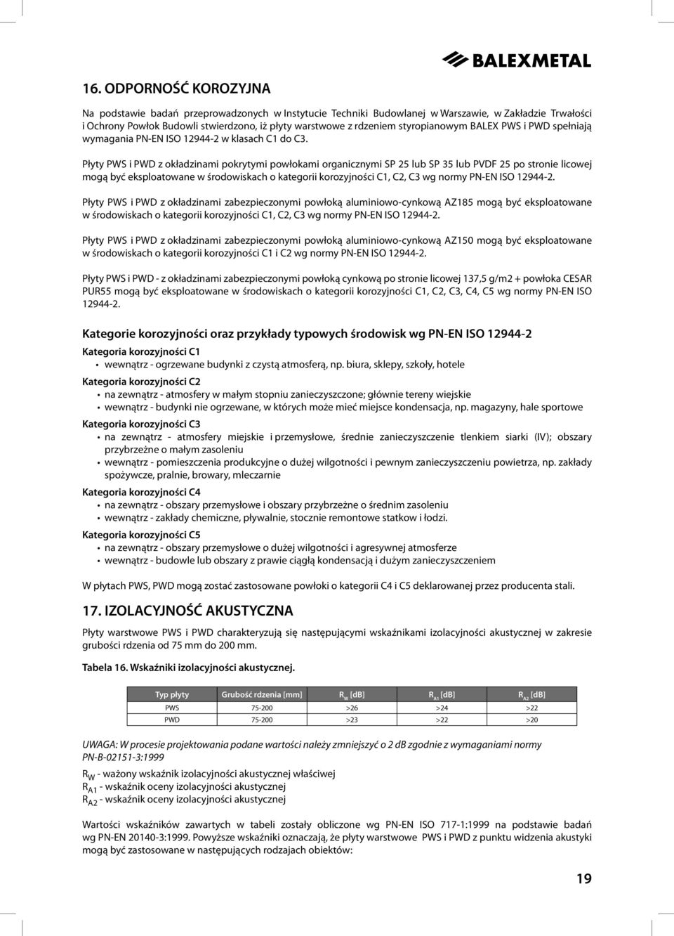 Płyty PWS i PWD z okładzinami pokrytymi powłokami organicznymi SP 25 lub SP 35 lub PVDF 25 po stronie licowej mogą być eksploatowane w środowiskach o kategorii korozyjności C1, C2, C3 wg normy PN-EN