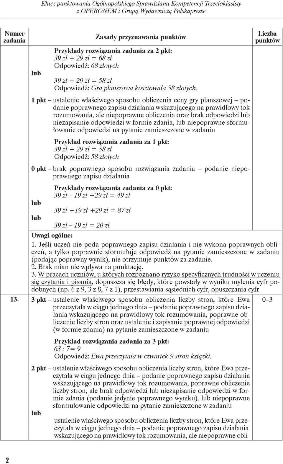 niezapisanie odpowiedzi w formie zdania, niepoprawne sformułowanie odpowiedzi na pytanie zamieszczone w zadaniu Przykład rozwiązania za 1 pkt: 39 zł + 29 zł = 58 zł Odpowiedź: 58 złotych 0 pkt brak