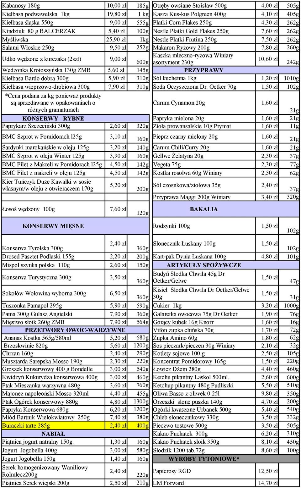 252g Makaron Ryżowy 200g 7,80 zł 260g Udko wędzone z kurczaka (2szt) 9,00 zł 600g Kaszka mleczno-ryżowa Winiary asortyment 230g 10,60 zł 242g Wędzonka Krotoszyńska 130g ZMB 5,60 zł 145g PRZYPRAWY