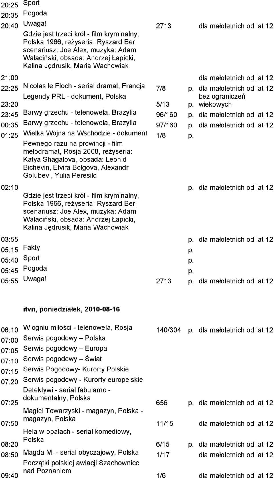 Wachowiak 21:00 dla małoletnich od lat 12 22:25 Nicolas le Floch - serial dramat, Francja 7/8 p. dla małoletnich od lat 12 Legendy PRL - dokument, 23:20 5/13 p.