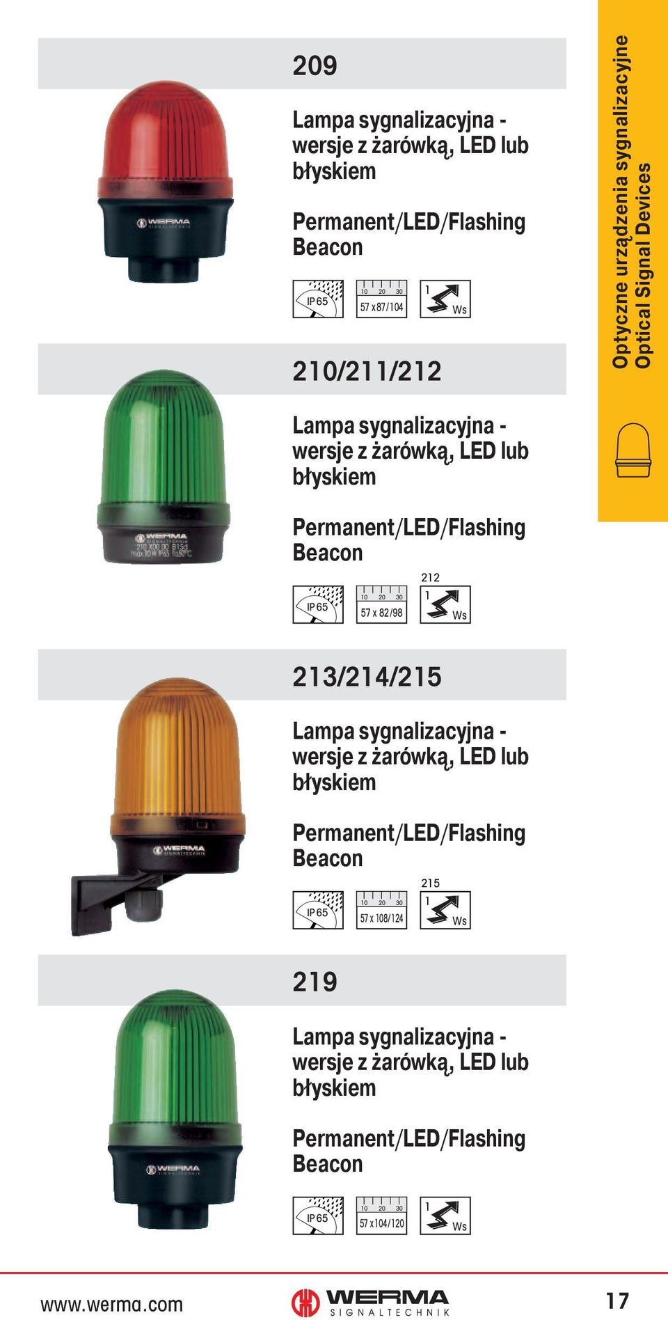 Permanent/LED/Flashing Beacon 57 x 82/98 212 1 213/214/215 Lampa sygnalizacyjna - wersje z żarówką, LED lub błyskiem