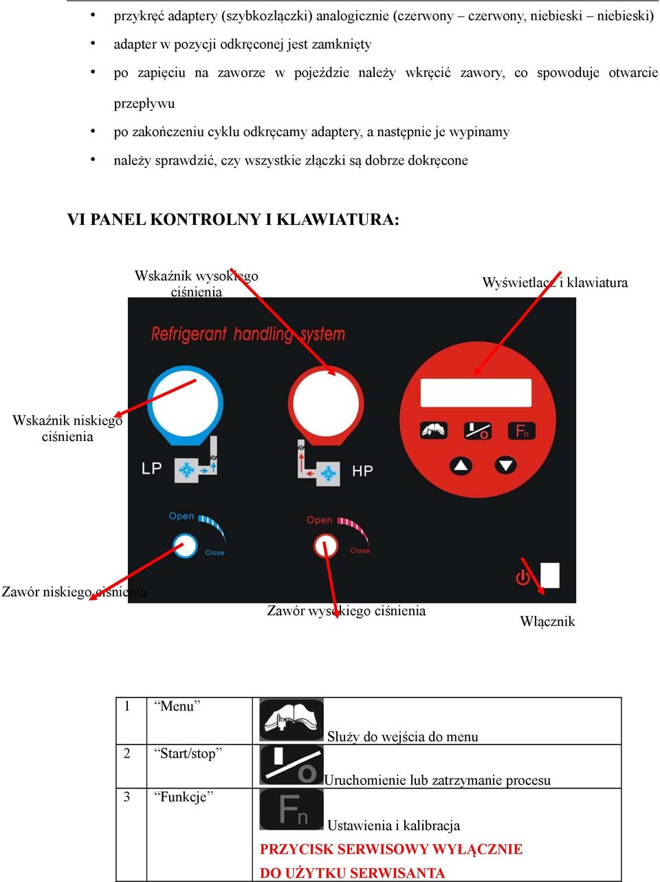 dokręcone VI PANEL KONTROLNY I KLAWIATURA: Wskaźnik wysokiego ciśnienia Wyświetlacz i klawiatura Wskaźnik niskiego ciśnienia Zawór niskiego ciśnienia Zawór wysokiego