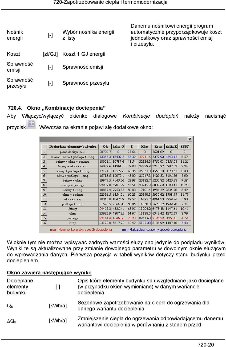 Okno Kombinacje dociepenia Aby Włączyć/wyłączyć okienko dialogowe Kombinacje dociepleń należy nacisnąć przycisk.