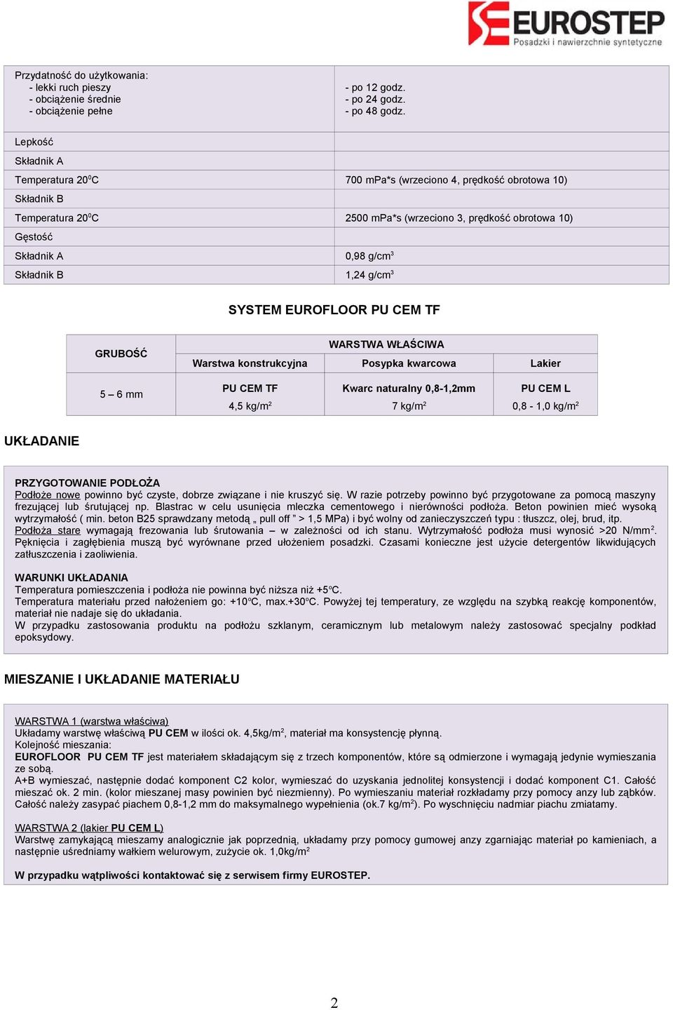 Składnik B 1,24 g/cm 3 SYSTEM EUROFLOOR PU CEM TF GRUBOŚĆ 5 6 mm WARSTWA WŁAŚCIWA Warstwa konstrukcyjna Posypka kwarcowa Lakier PU CEM TF Kwarc naturalny 0,8-1,2mm PU CEM L 4,5 kg/m 2 7 kg/m 2