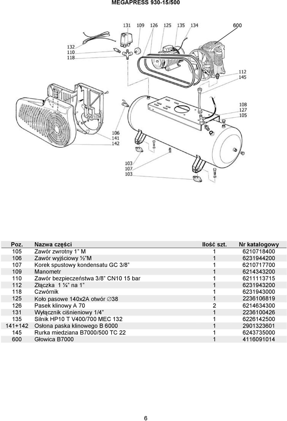 Koło pasowe 140x2A otwór 38 1 2236106819 126 Pasek klinowy A 70 2 6214634300 131 Wyłącznik ciśnieniowy 1/4 1 2236100426 135 Silnik HP10 T V400/700