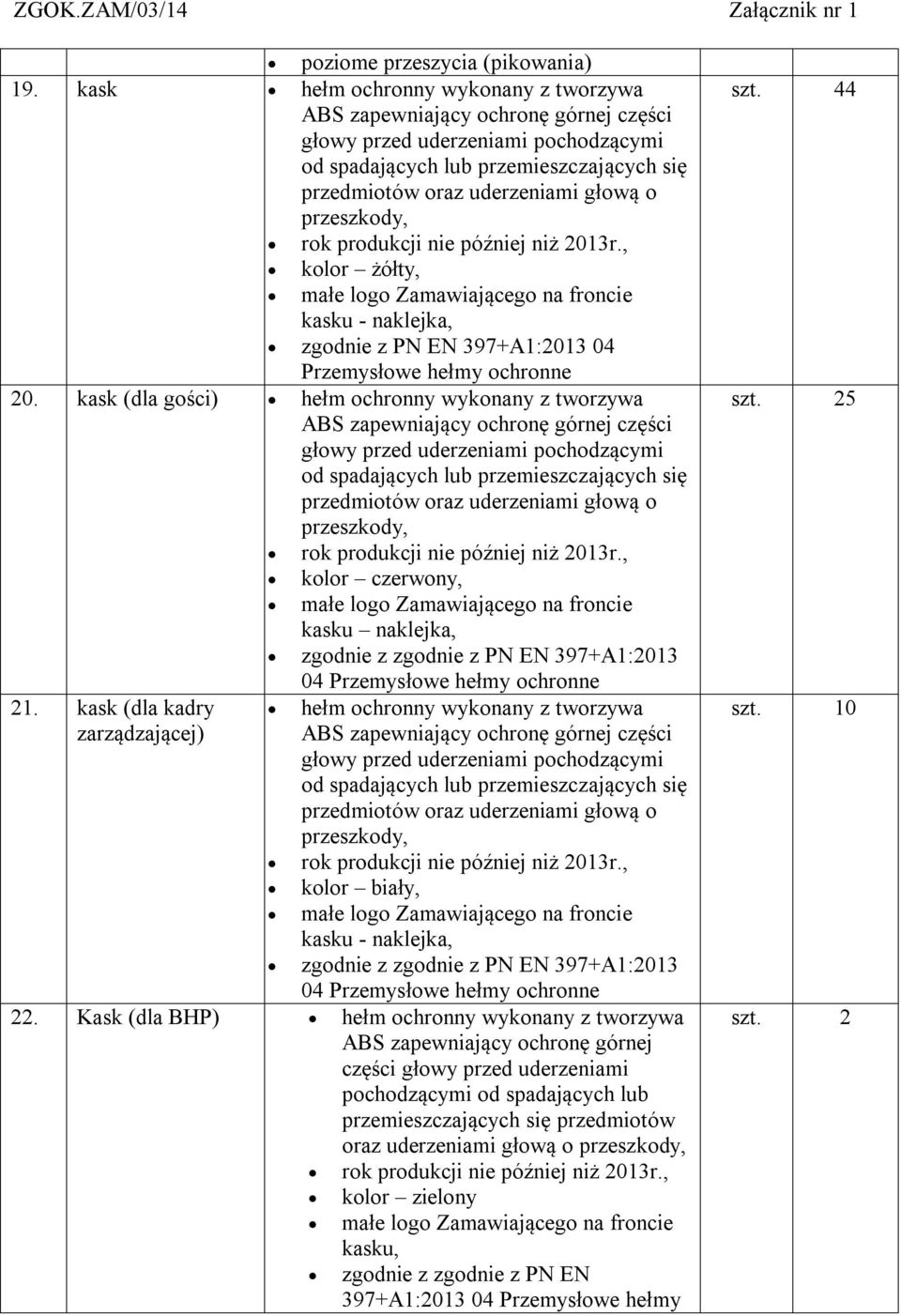 przeszkody, rok produkcji nie później niż 2013r., kolor żółty, małe logo Zamawiającego na froncie kasku - naklejka, zgodnie z PN EN 397+A1:2013 04 Przemysłowe hełmy ochronne 20.