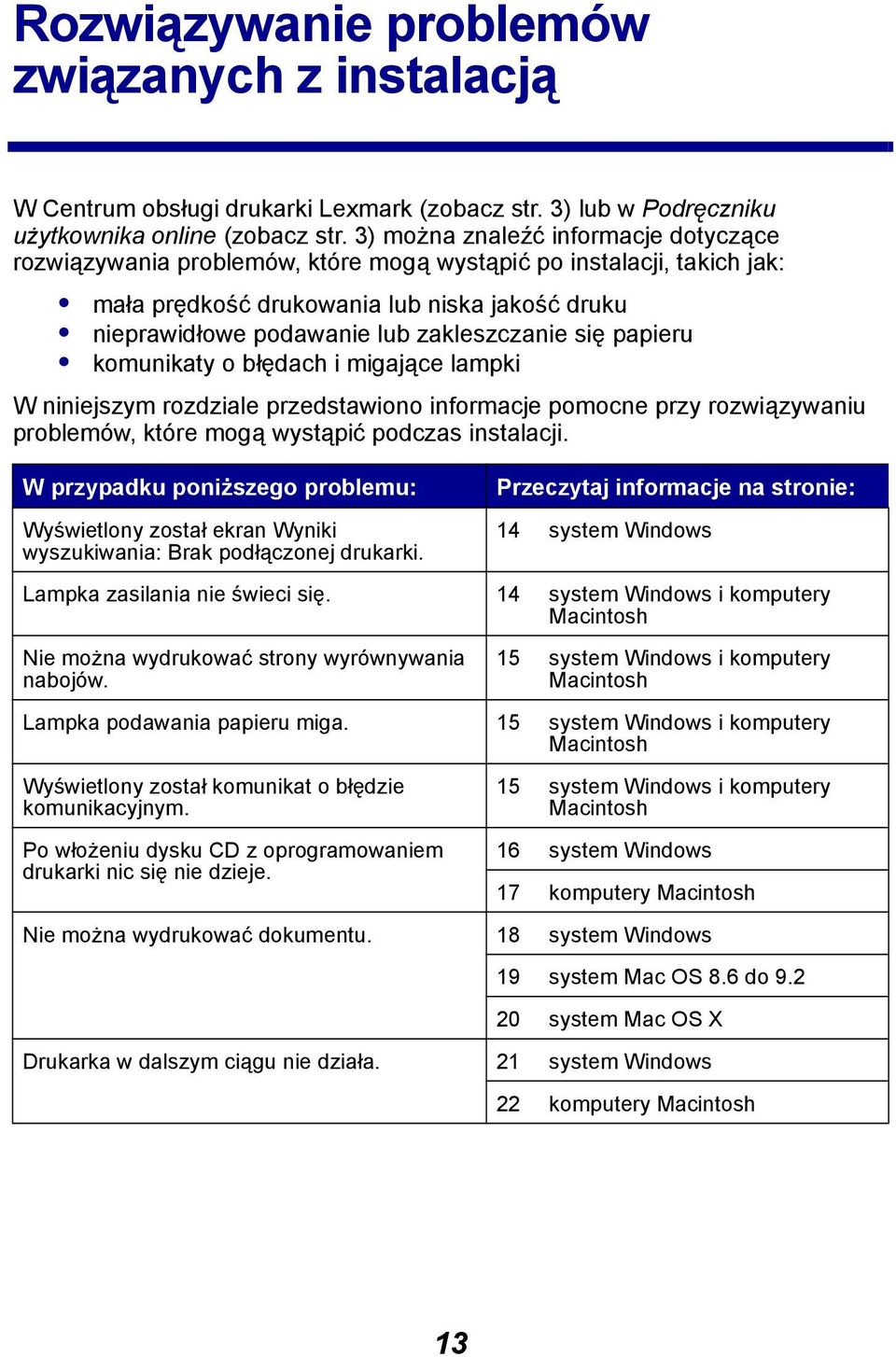 się papieru komunikaty o błędach i migające lampki W niniejszym rozdziale przedstawiono informacje pomocne przy rozwiązywaniu problemów, które mogą wystąpić podczas instalacji.