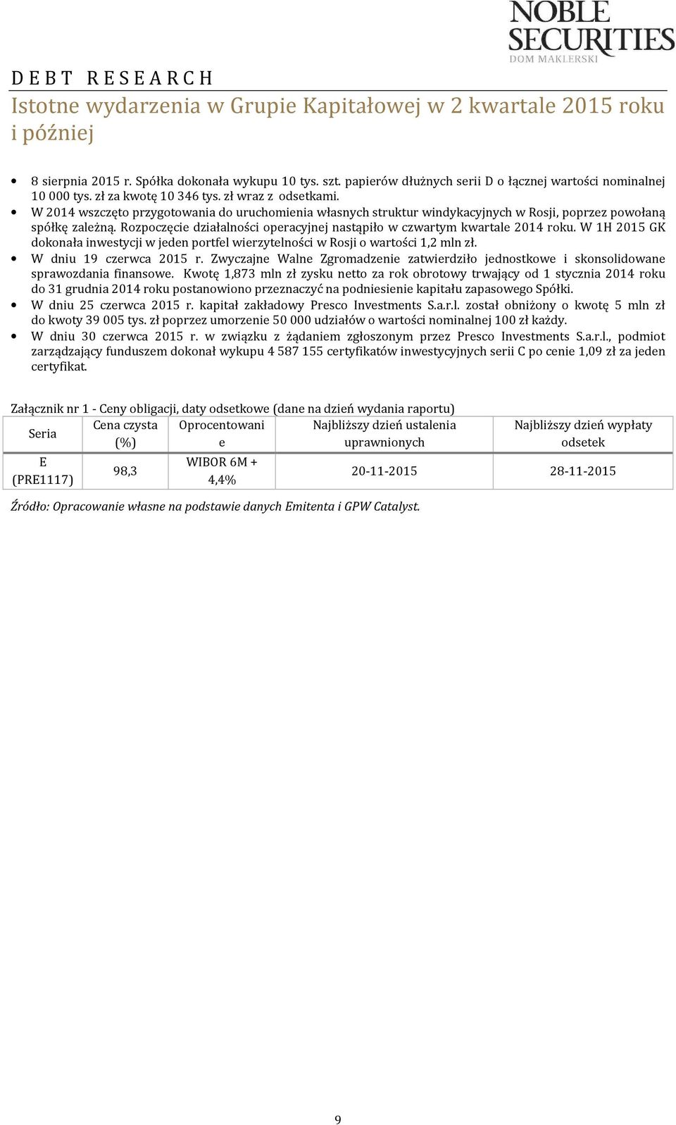 Rozpoczęcie działalności operacyjnej nastąpiło w czwartym kwartale 2014 roku. W 1H 2015 GK dokonała inwestycji w jeden portfel wierzytelności w Rosji o wartości 1,2 mln zł. W dniu 19 czerwca 2015 r.