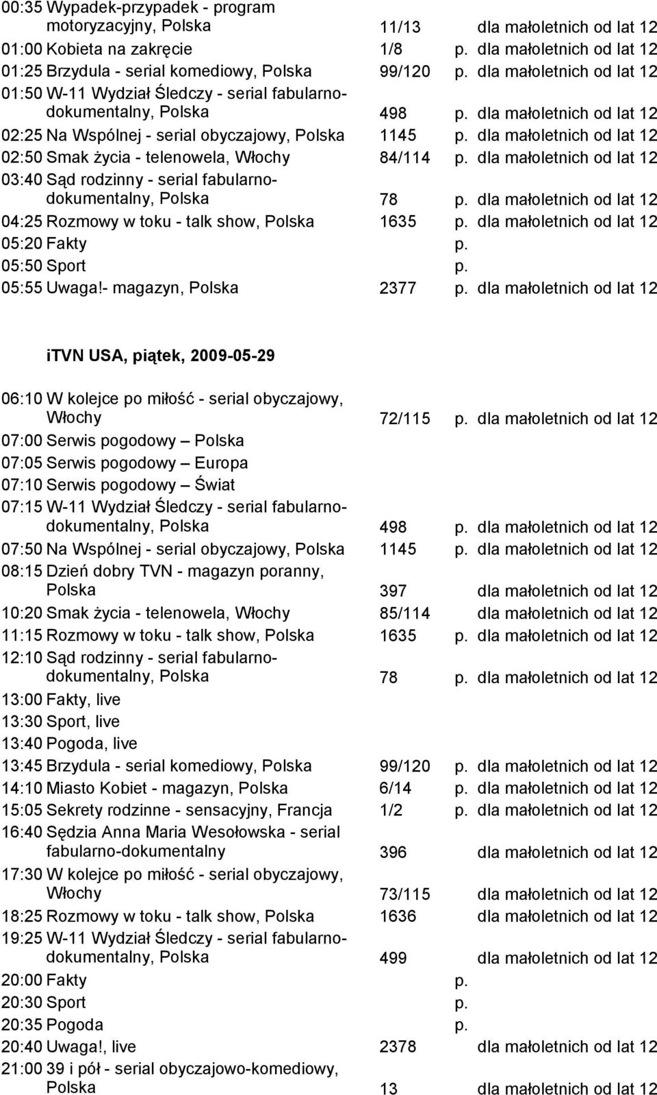 03:40 Sąd rodzinny - serial fabularnodokumentalny, Polska 78 p. 04:25 Rozmowy w toku - talk show, Polska 1635 p. 05:20 Fakty p. 05:50 Sport p. 05:55 Uwaga!- magazyn, Polska 2377 p.