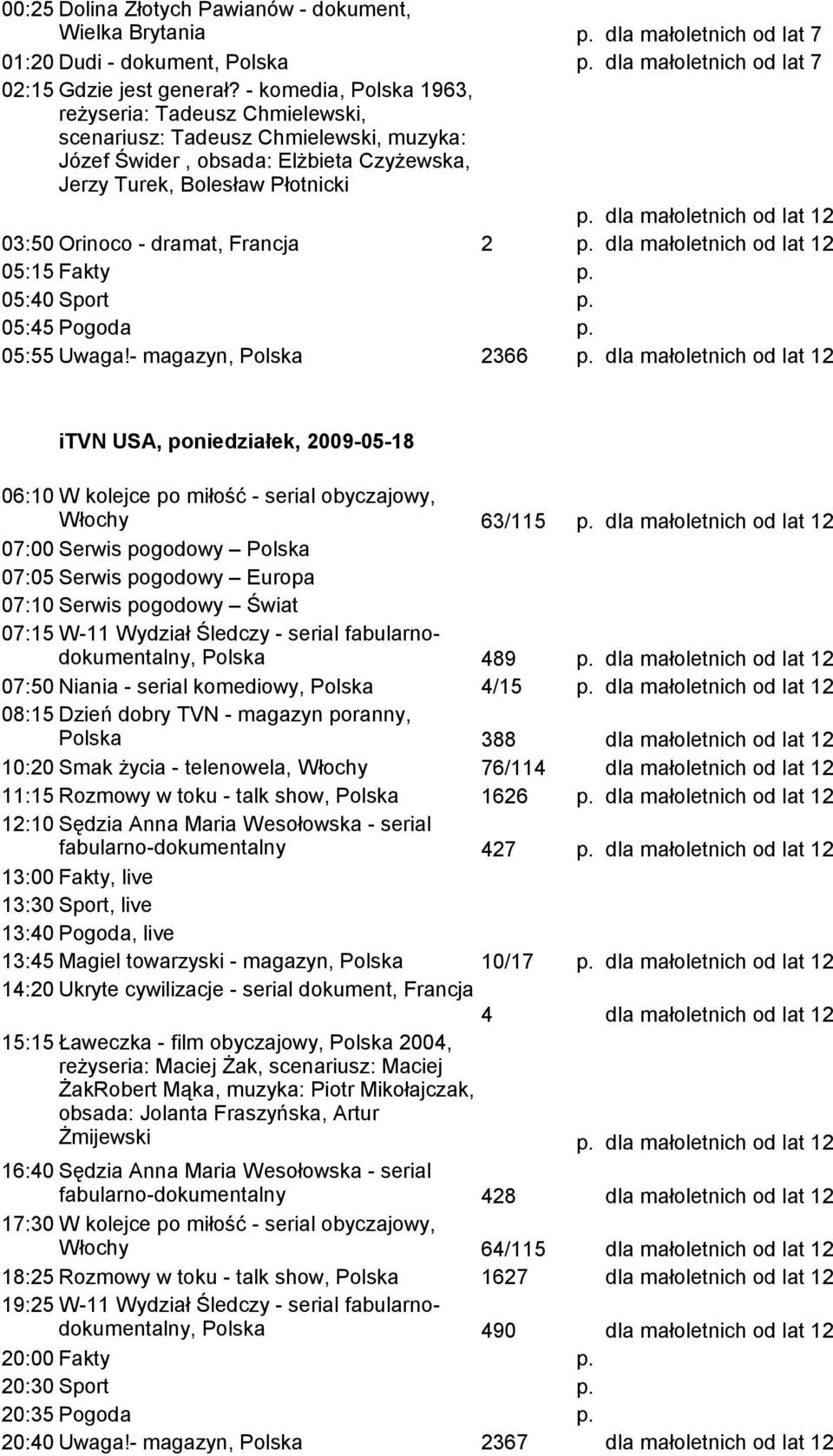 03:50 Orinoco - dramat, Francja 2 p. 05:15 Fakty p. 05:40 Sport p. 05:45 Pogoda p. 05:55 Uwaga!- magazyn, Polska 2366 p. itvn USA, poniedziałek, 2009-05-18 Włochy 63/115 p. Polska 489 p.