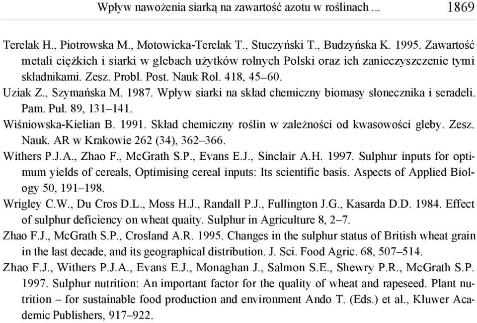 Skład chemiczny roślin w zależności od kwasowości gleby. Zesz. Nauk. AR w Krakowie 262 (34), 362 366. Withers P.J.A., Zhao F., McGrath S.P., Evans E.J., Sinclair A.H. 1997.