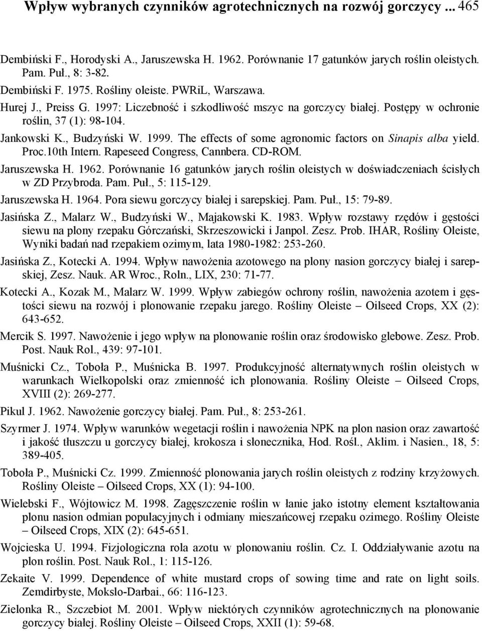 The effects of some agronomic factors on Sinapis alba yield. Proc.10th Intern. Rapeseed Congress, Cannbera. CD-ROM. Jaruszewska H. 1962.