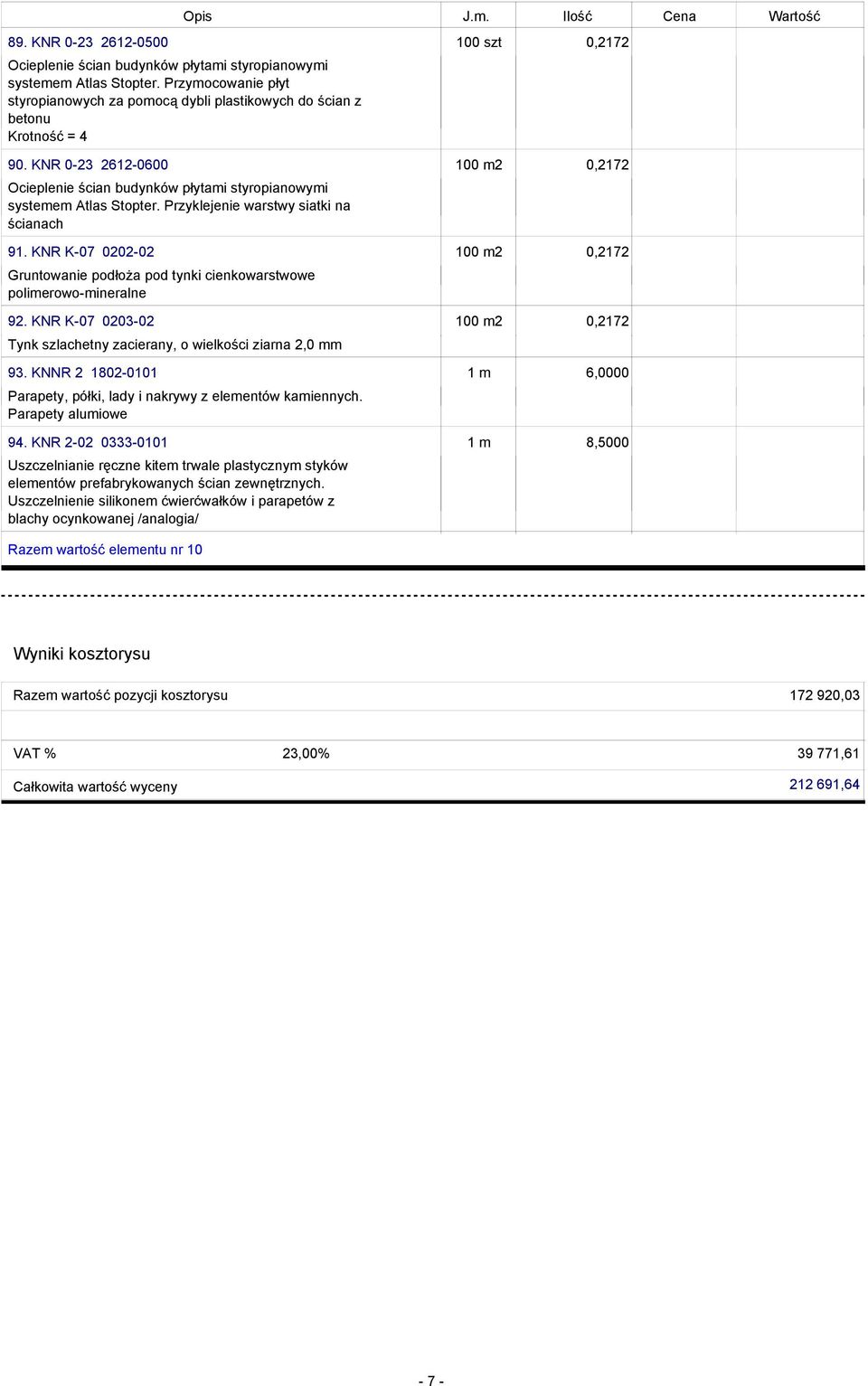 Przyklejenie warstwy siatki na ścianach 91. KNR K-07 0202-02 Gruntowanie podłoża pod tynki cienkowarstwowe polierowo-ineralne 92. KNR K-07 0203-02 Tynk szlachetny zacierany, o wielkości ziarna 2,0 93.