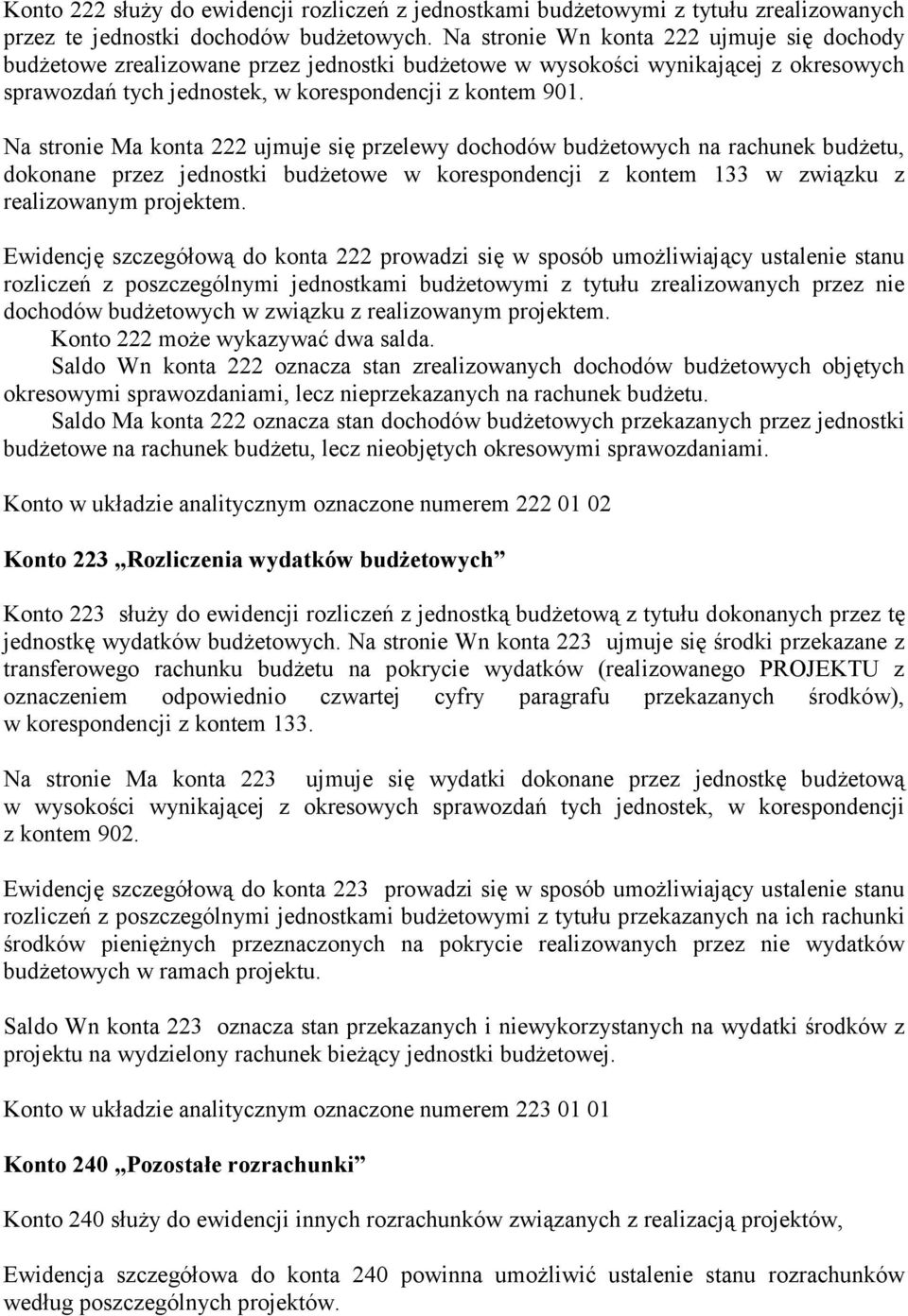 Na stronie Ma konta 222 ujmuje się przelewy dochodów budżetowych na rachunek budżetu, dokonane przez jednostki budżetowe w korespondencji z kontem 133 w związku z realizowanym projektem.