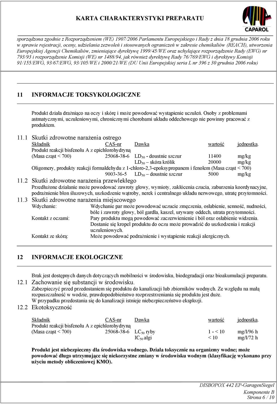 1 Skutki zdrowotne narażenia ostrego Składnik CAS-nr Dawka wartość jednostka.