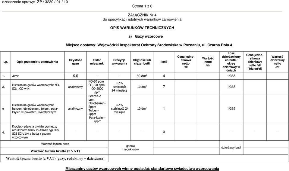 dzierżawiony ch / w 1. Azot 6.0 - - 50 dm 3 4 