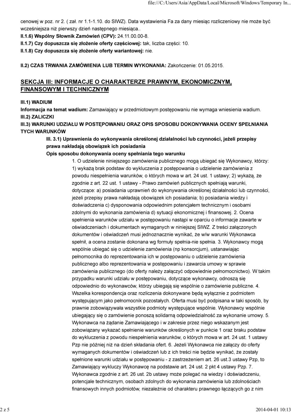 05.2015. SEKCJA III: INFORMACJE O CHARAKTERZE PRAWNYM, EKONOMICZNYM, FINANSOWYM I TECHNICZNYM III.
