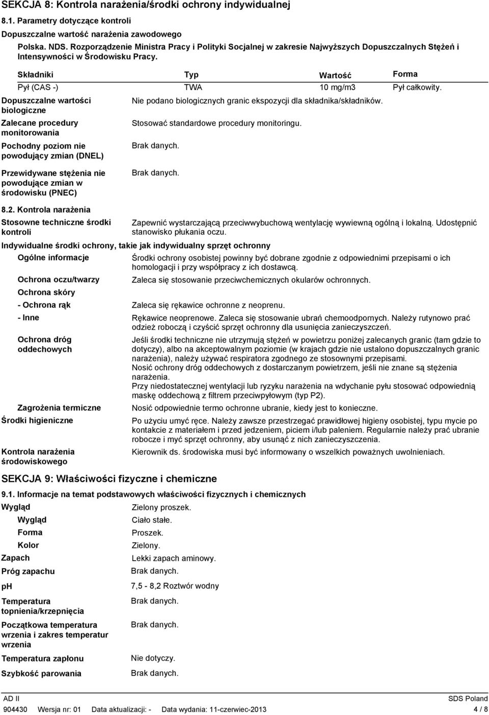 Składniki Pył (CAS ) Dopuszczalne wartości biologiczne Zalecane procedury monitorowania Pochodny poziom nie powodujący zmian (DNEL) Przewidywane stężenia nie powodujące zmian w środowisku (PNEC) Typ